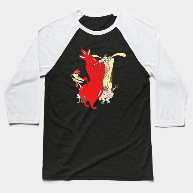 Cow and Chicken with Red Guy Baseball T-Shirt by Nene_Bee